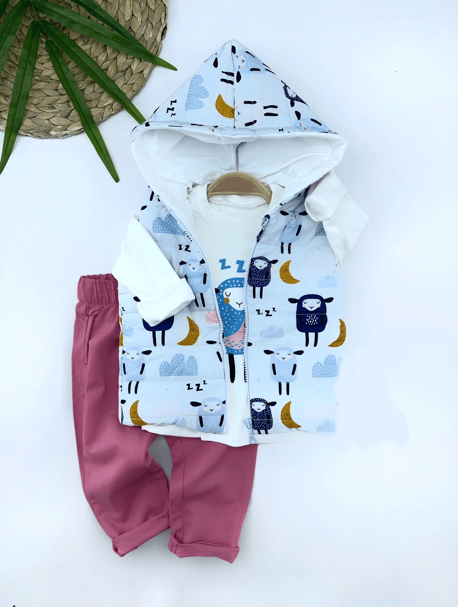9-12-18-24 Ay Kapşonlu Fermuarlı Kuzucuk Şişme Yelek Sweat Pantolonlu 3lü Kız Erkek Bebek Takımı Mavi