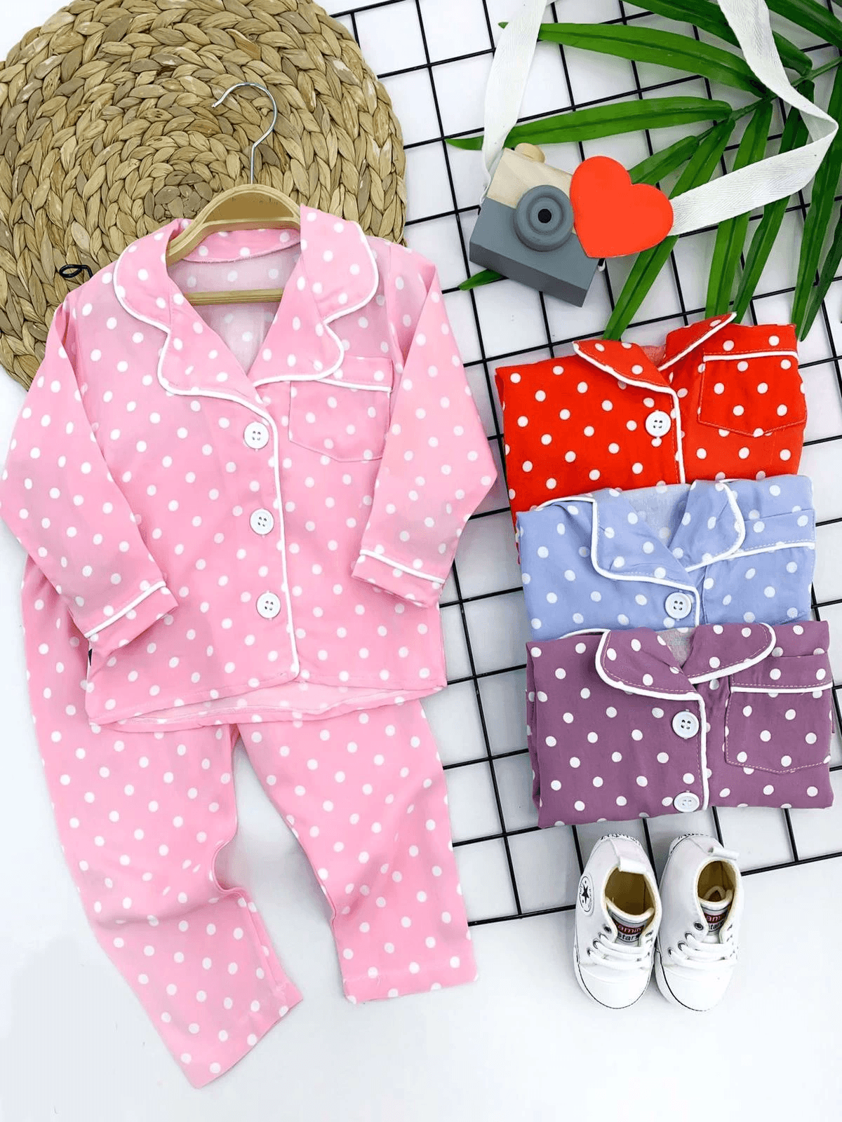 9-12-18-24 Ay Puantiyeli Düğme Kapama 2li Kız Erkek Bebek Pijama Takımı Pembe
