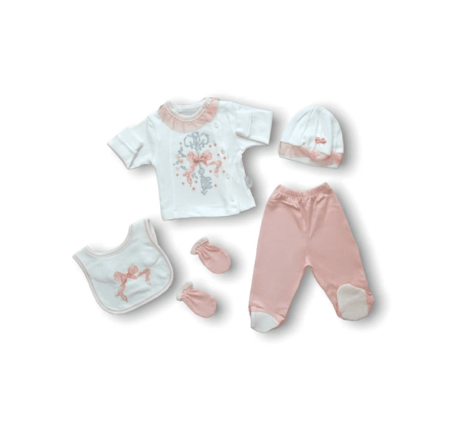 Kanaviçe Nakışlı %100 Pamuklu Hastane Çıkışı Zıbın Takımı Pudra