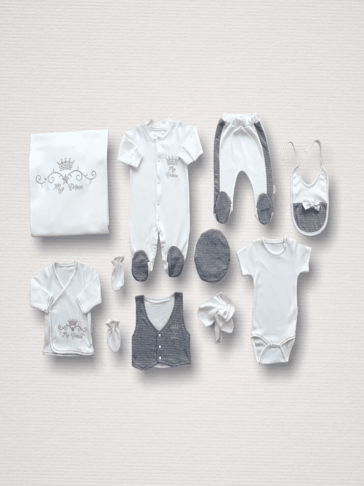 Nakışlı %100 Pamuk Bebek Zıbın Takımı 10'lu Gri Beyaz