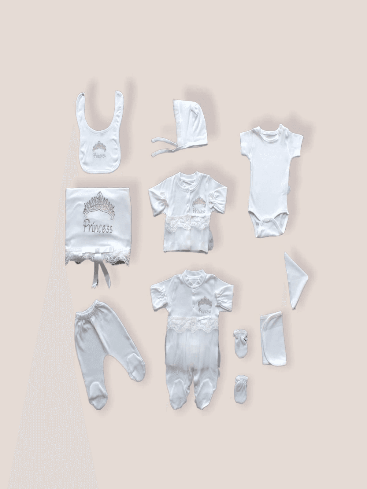 Nakışlı Taçlı Bebek Zıbın ve Tulum Seti - Ekru Tonları